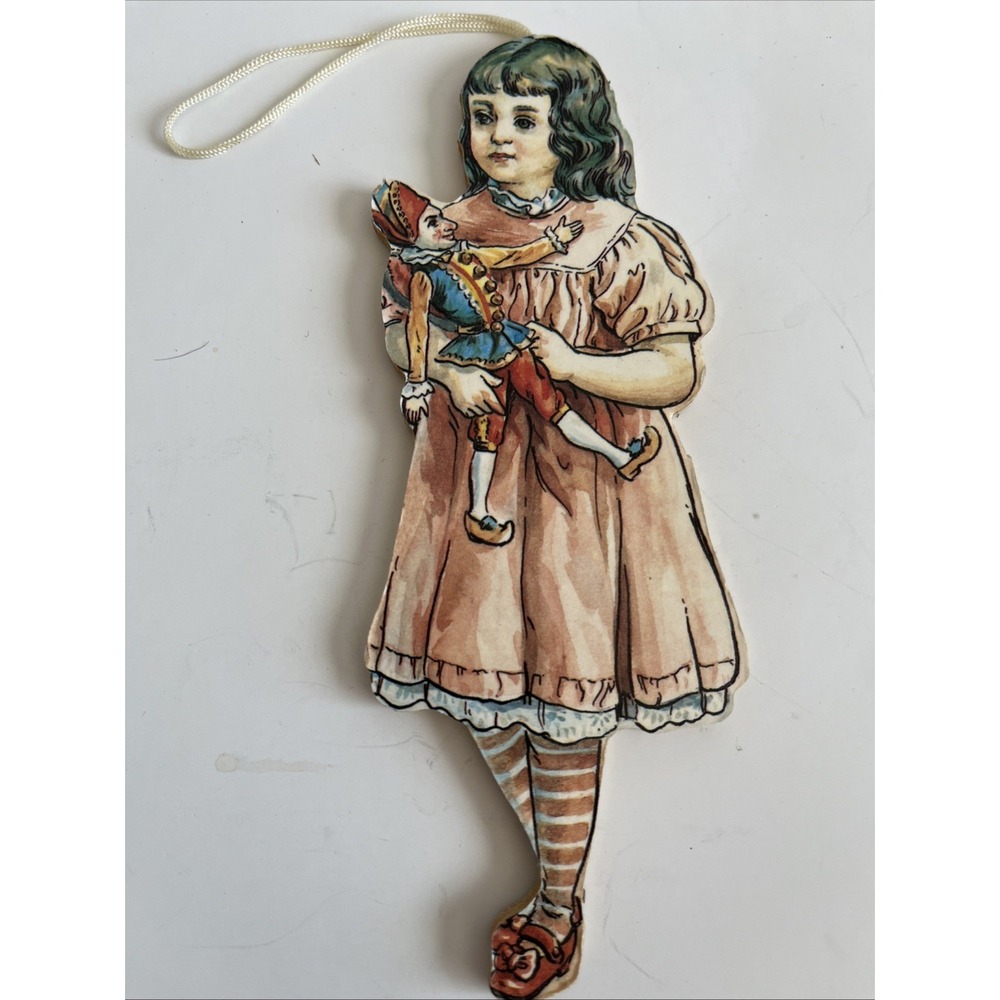 Victoria Girl with Clown Cardboard Christmas Ornament Vintage Miniature